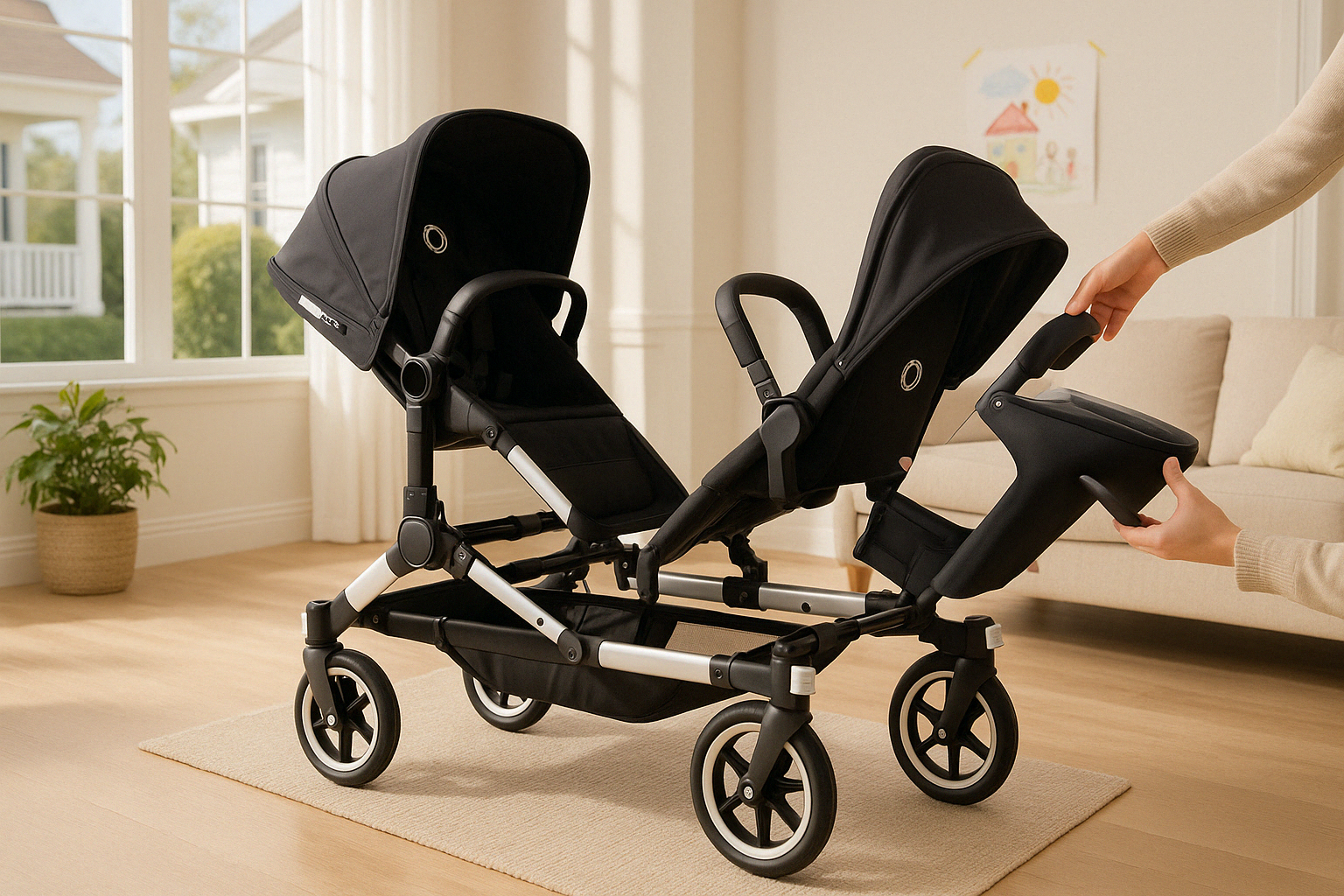 Bugaboo Donkey conversion process showing expanded frame with second seat being attached - bugaboo donkey mono to duo