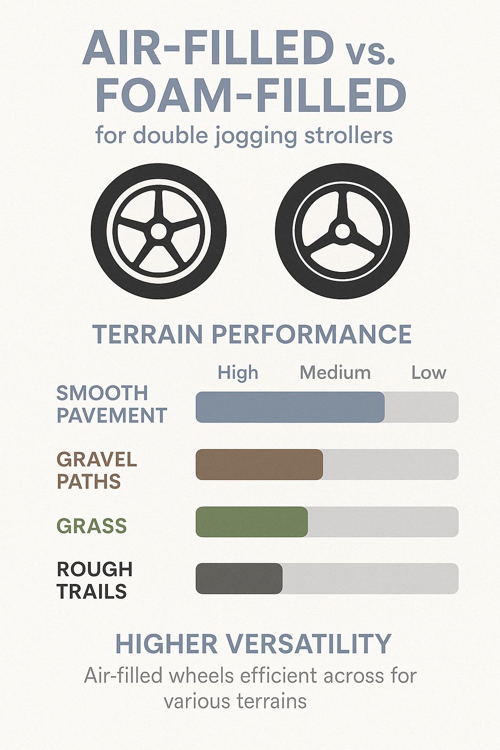 Comparison of wheel types (air-filled vs. foam-filled) and their performance on different terrains including smooth pavement, gravel paths, grass, and rough trails - double jogging stroller for toddlers infographic 