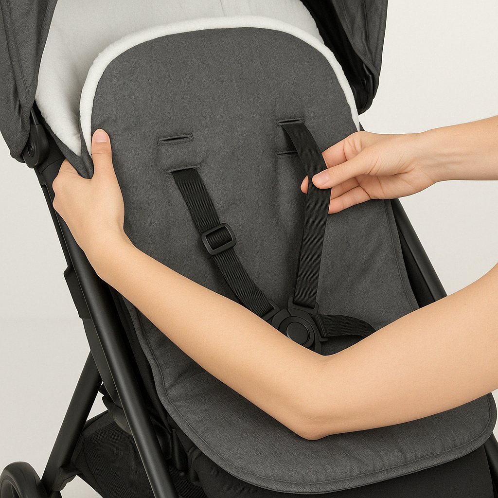 installation of stroller foot muff showing harness slots - stroller foot muff