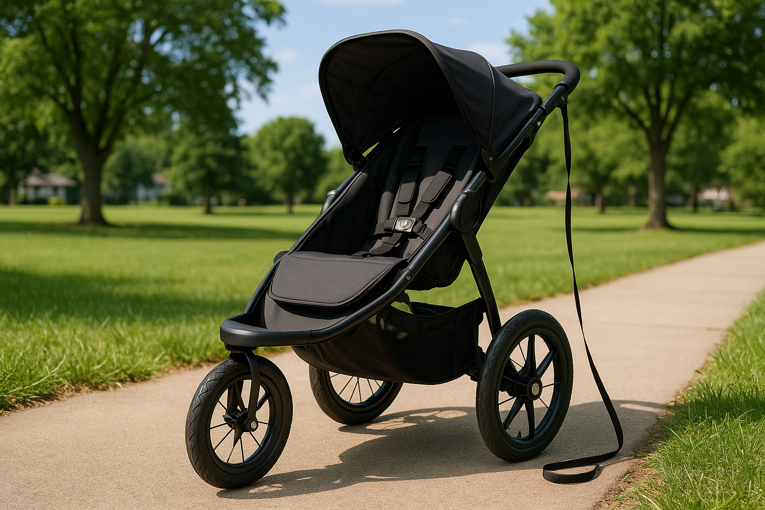 Safety features demonstration on a jogging stroller including harness and wrist strap - jogging stroller vs regular stroller