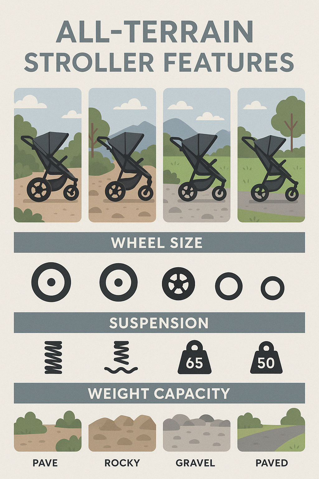 Comparison of all-terrain stroller features showing wheel size, suspension types, weight capacity, and terrain suitability across different models - All terrain baby stroller infographic 