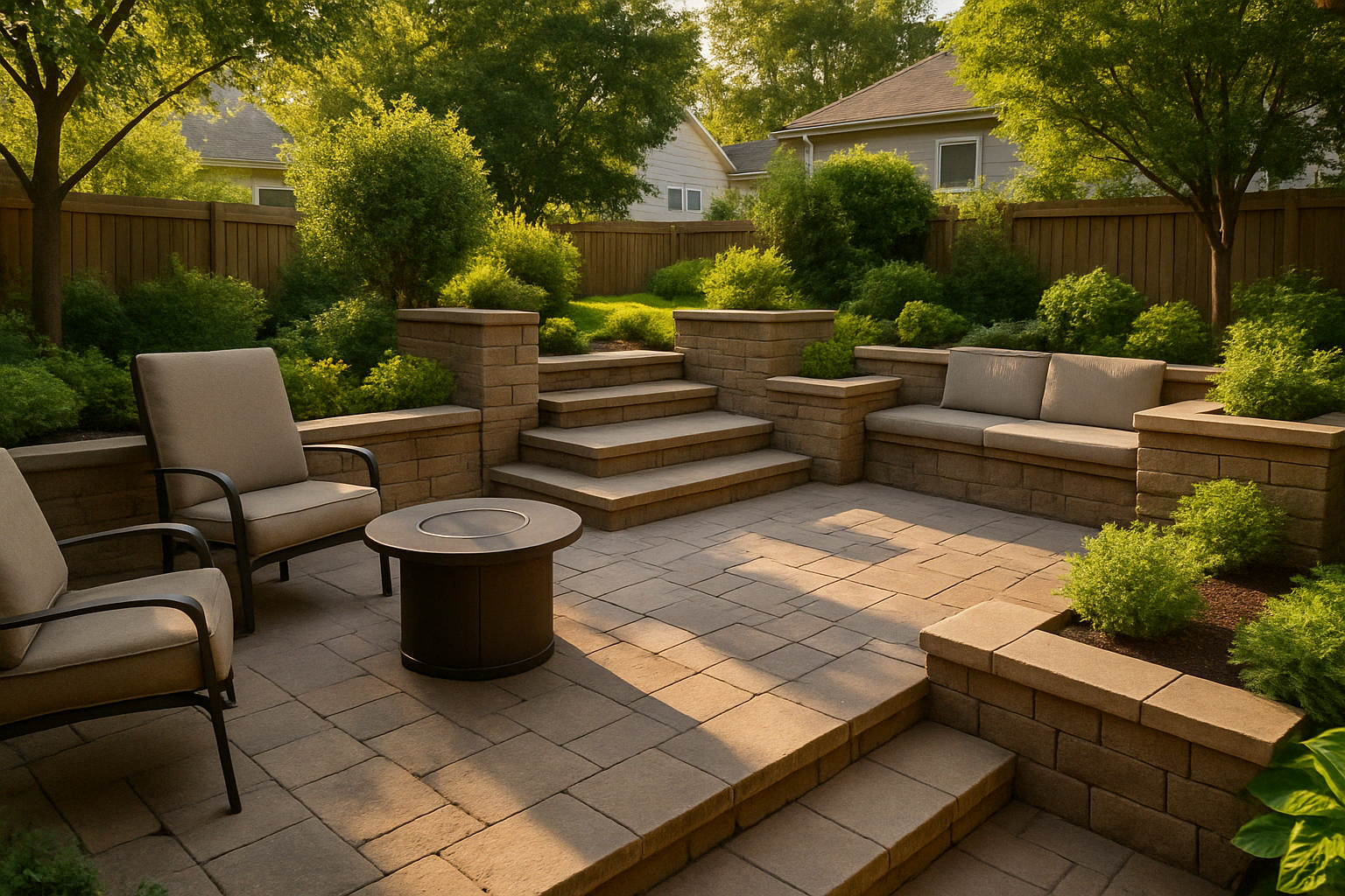 small backyard with multi-level hardscape design - backyard hardscape design