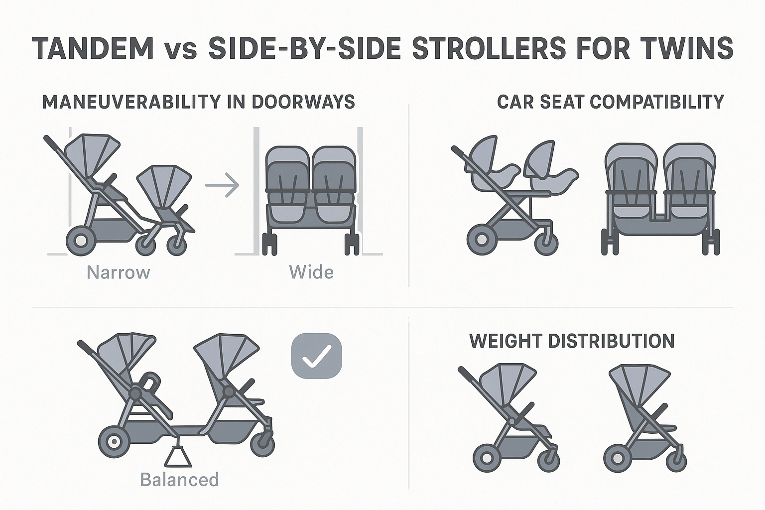 Comparison of tandem vs side-by-side strollers showing maneuverability in doorways, car seat compatibility, and weight distribution advantages of tandem double strollers for twins - tandem double strollers for twins infographic 