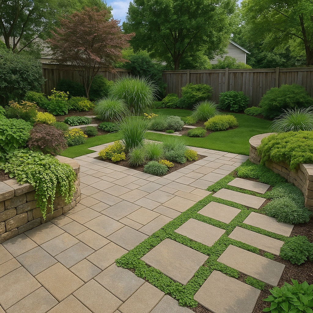 backyard with balanced hardscape and softscape elements - backyard hardscape design