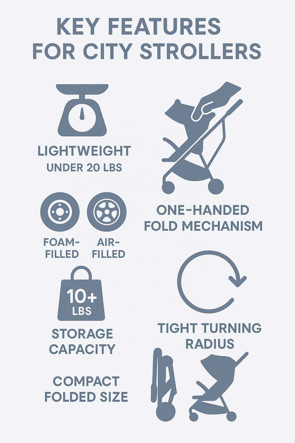 Key features to consider when choosing strollers for city living, including weight (under 20 lbs ideal), fold mechanism (one-handed operation), wheel type (foam-filled or air-filled with suspension), storage capacity (minimum 10 lbs), maneuverability (tight turning radius), and compact folded size (fits in small apartments and transit) - strollers for city living infographic 