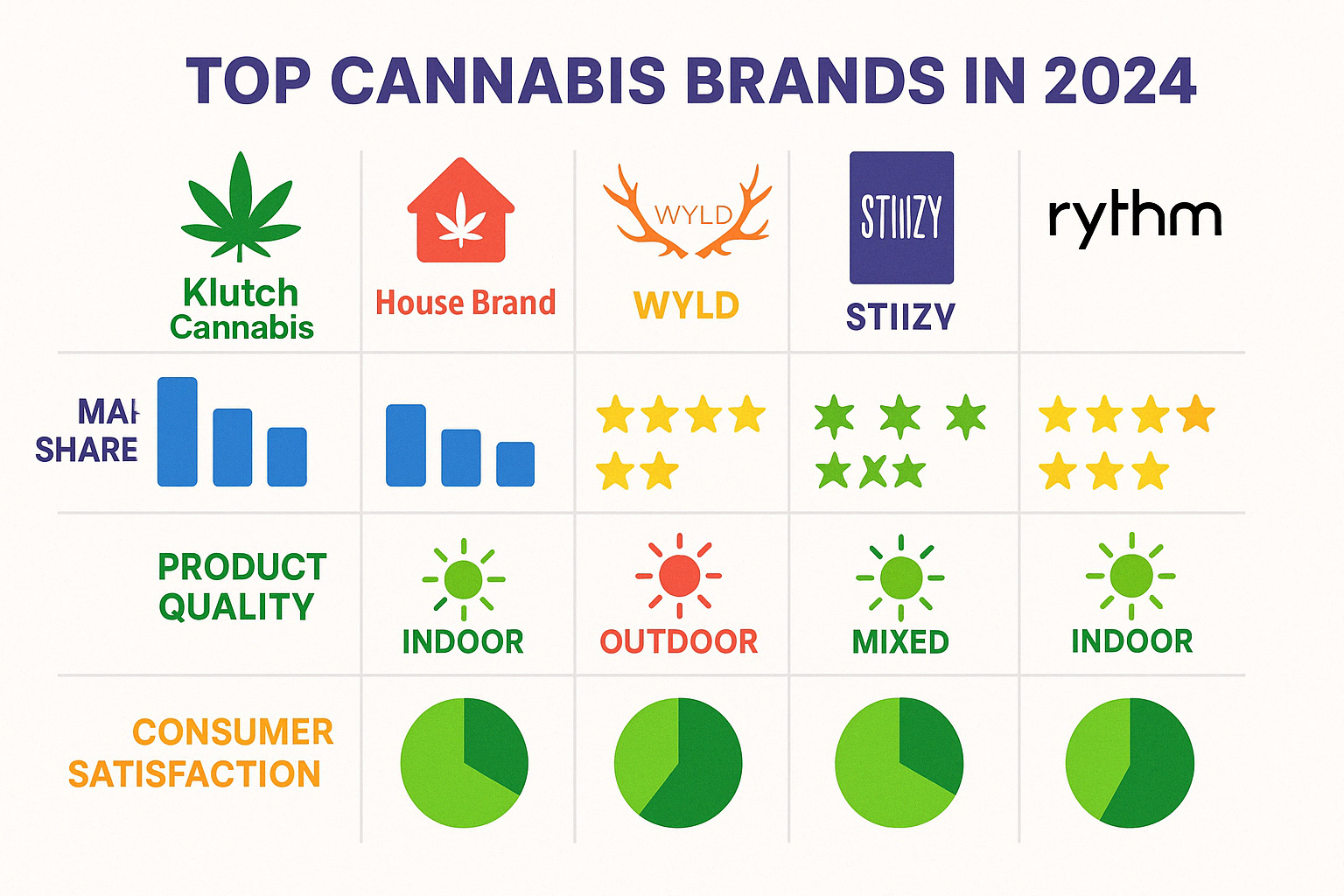 Top cannabis brands comparison showing market share, product quality ratings, cultivation methods, and consumer satisfaction metrics across the leading brands in 2024 - best weed brands infographic 