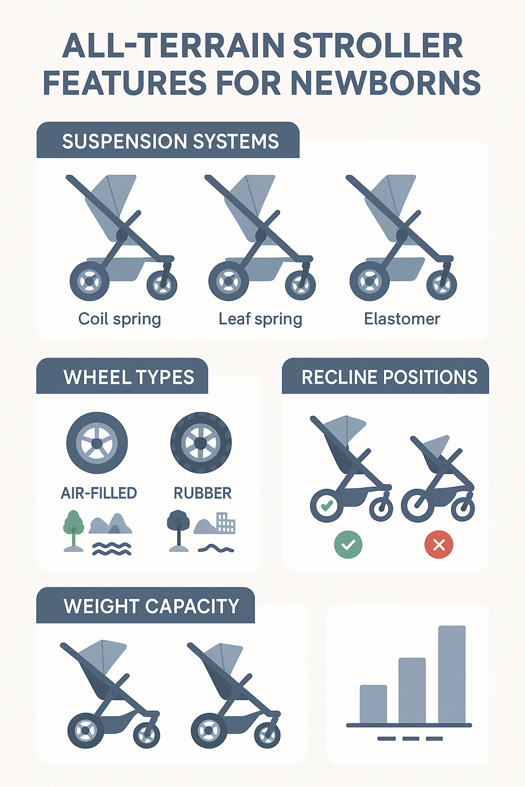 Comparison of all-terrain stroller features showing suspension systems, wheel types, newborn recline positions, and weight capacity with illustrations of different stroller types suitable for newborns on various terrains - all terrain stroller for newborn infographic 