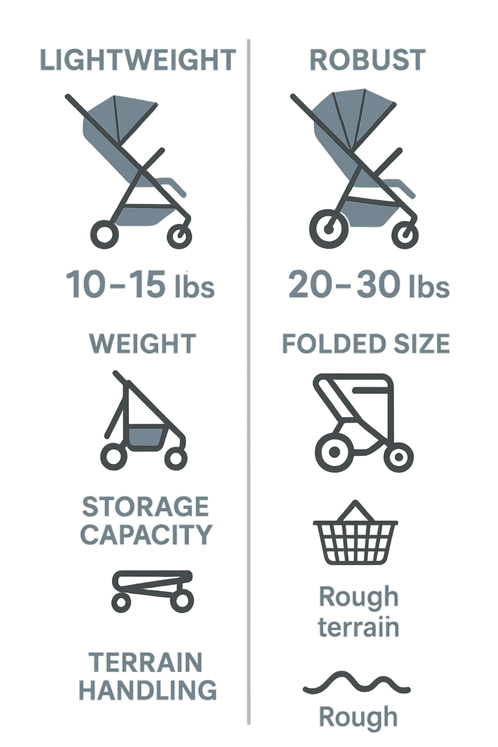 Comparison chart showing weight, folded size, storage capacity, and terrain handling between lightweight and robust strollers - strollers for toddlers infographic 