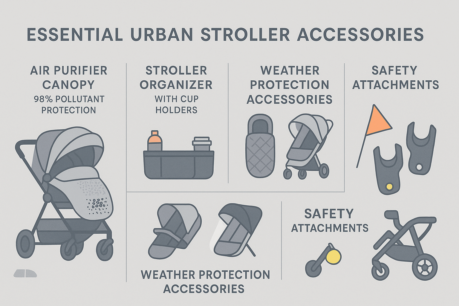 Essential urban stroller accessories including air purifier canopy, stroller organizer with cup holders, weather protection accessories, safety attachments, and car seat adapters with their key benefits for city parents - Urban stroller accessories infographic 