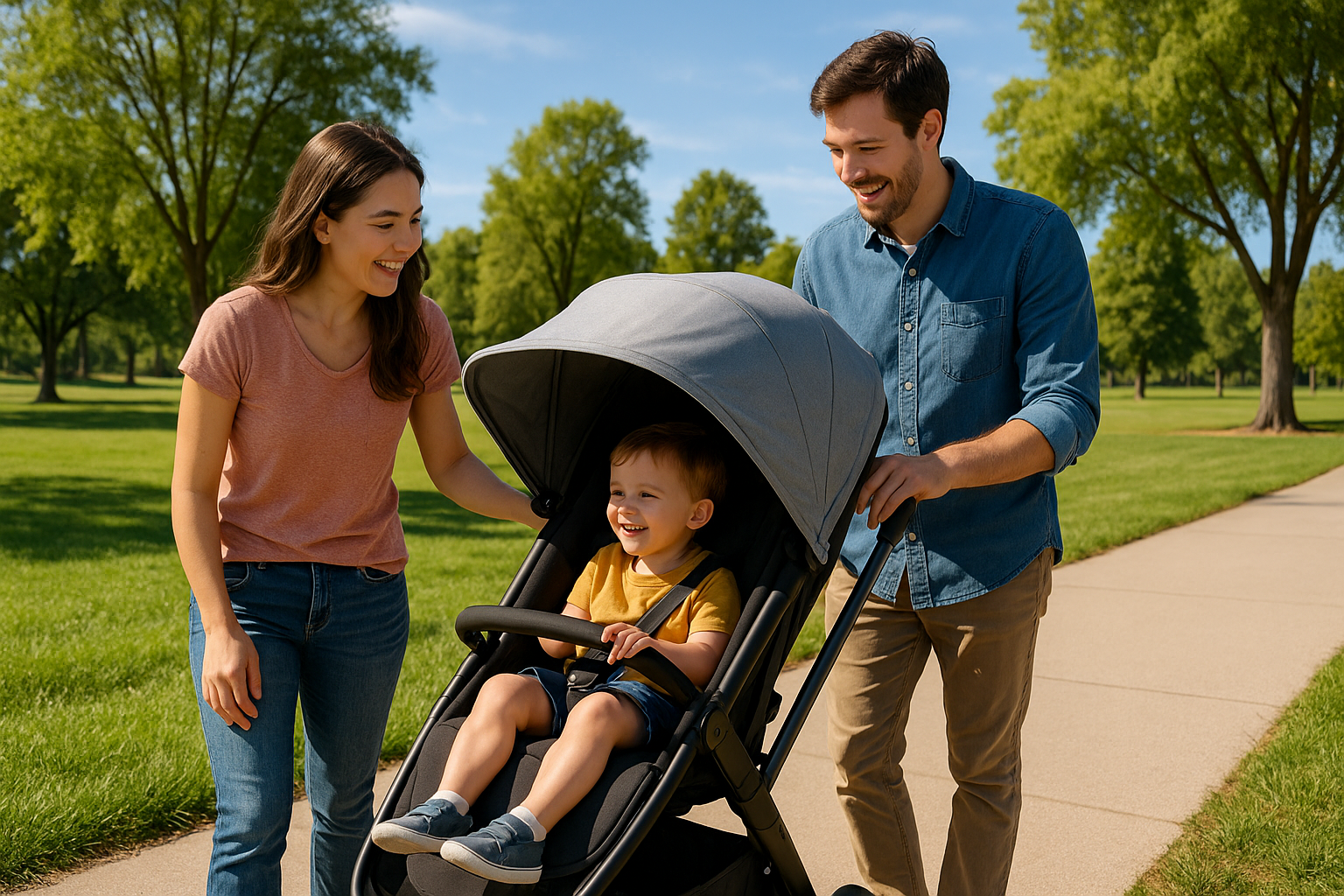 family using buggy with large sun canopy on a sunny day - buggy with large sun canopy