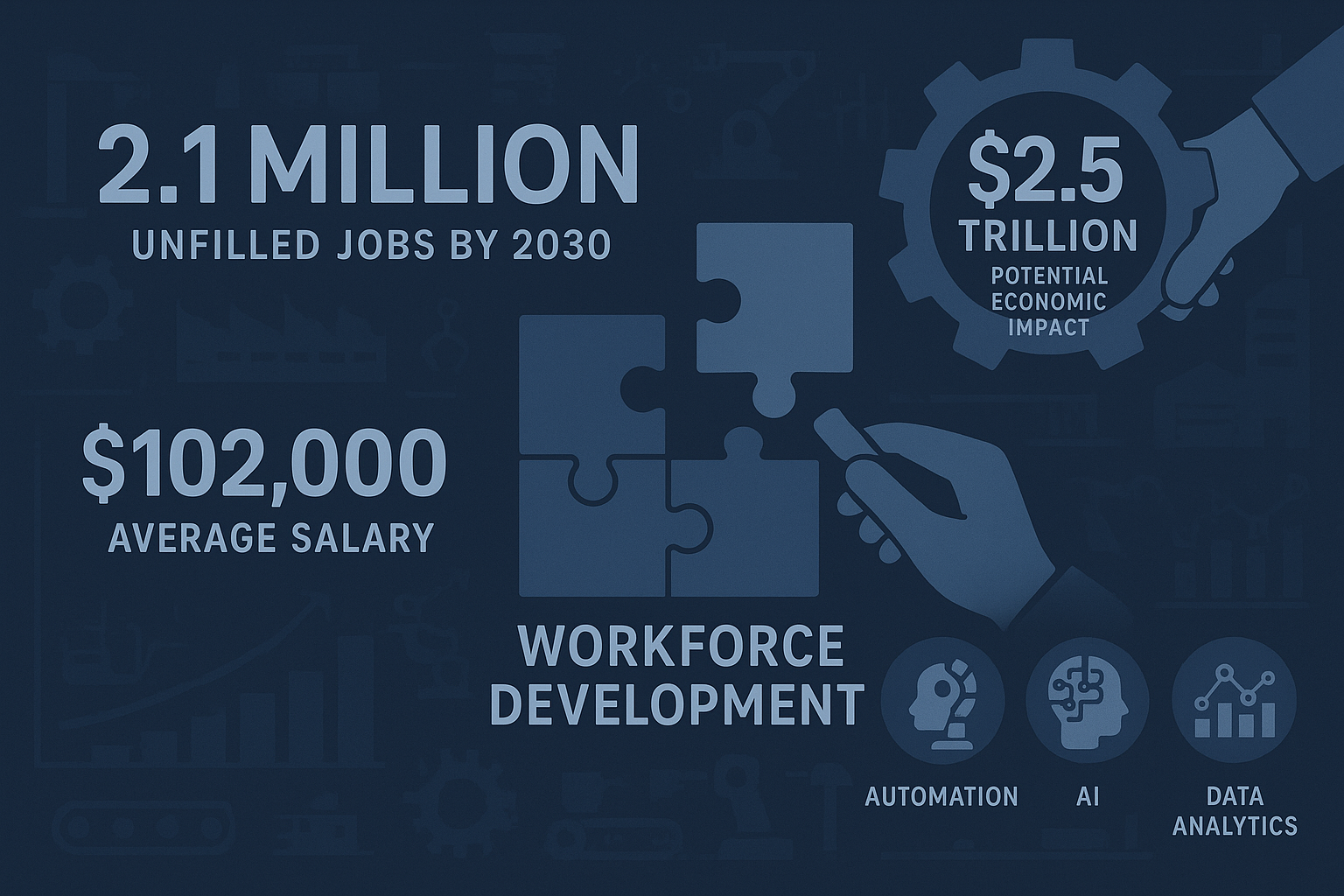 The Talent Tapestry: Weaving Workforce Development into Manufacturing • Manufacturing workforce development • RED27Creative Manufacturing workforce development statistics showing 2.1 million unfilled jobs by 2030, $2.5 trillion potential economic impact, average salary of $102,000, and the top skills needed including automation, robotics, AI, and data analytics - Manufacturing workforce development infographic