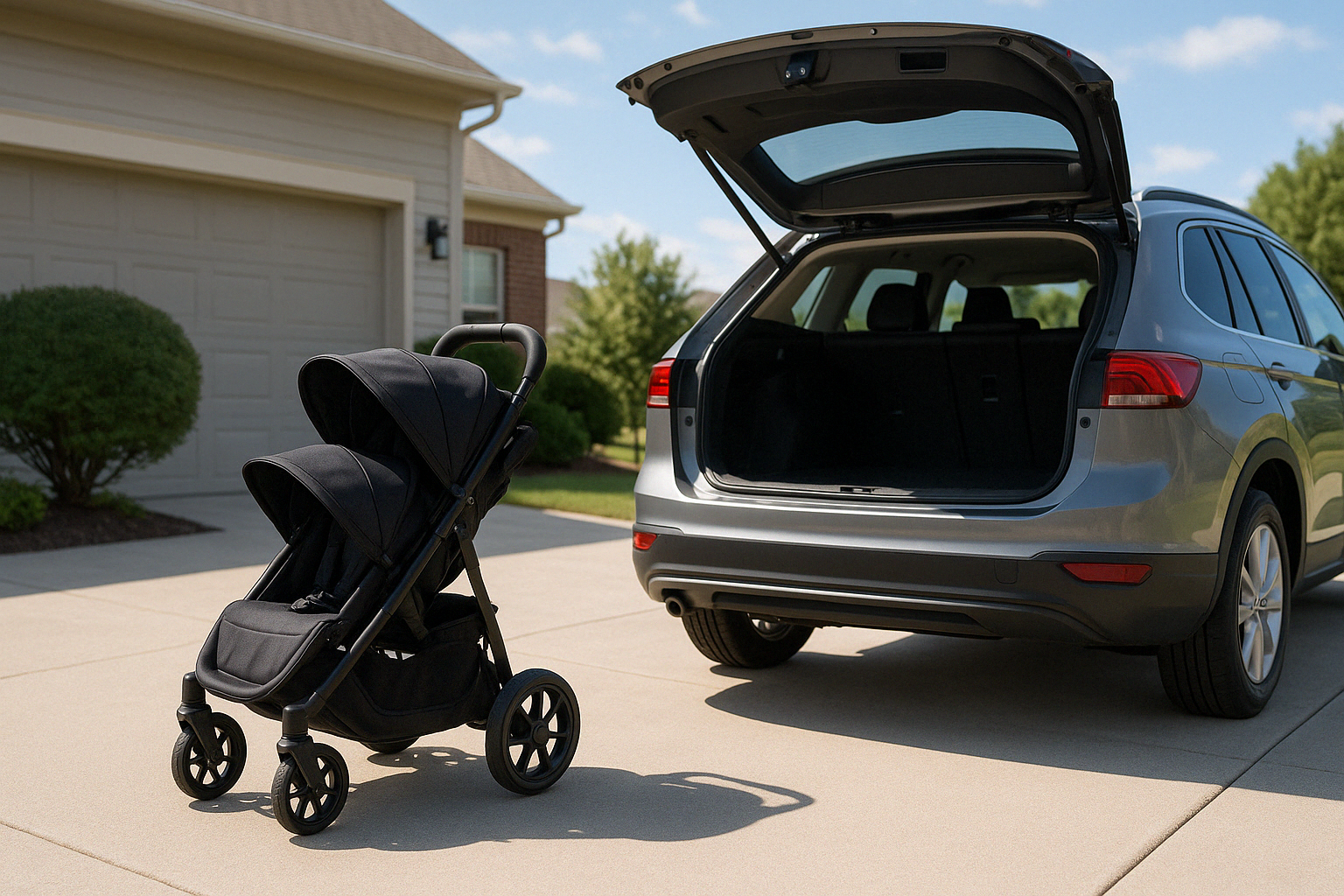 folded tandem stroller next to car trunk - tandem stroller with car seat