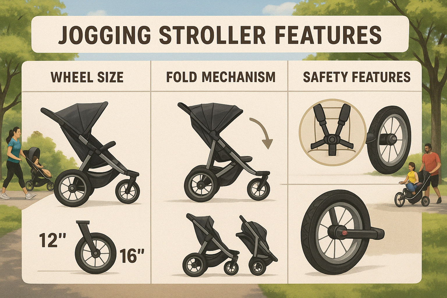 jogging stroller features comparison showing wheel size, fold mechanism and safety features - lightweight jogging stroller reviews