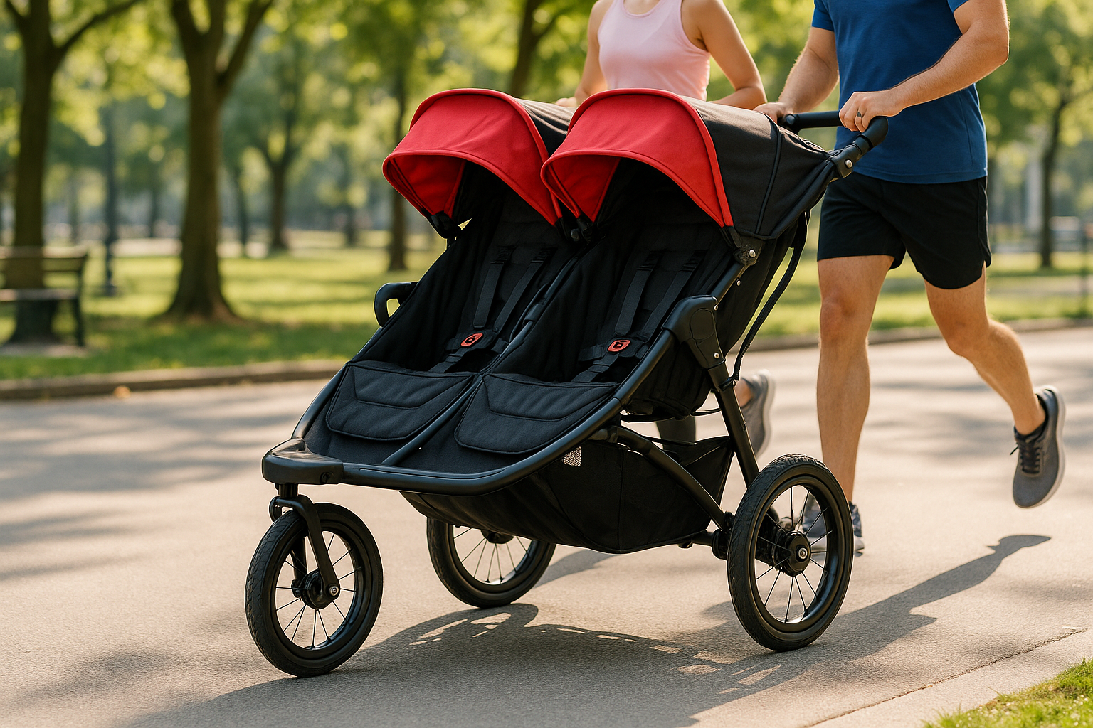 Safety features of double jogging strollers including five-point harness and hand brake systems - double jogging stroller for toddlers