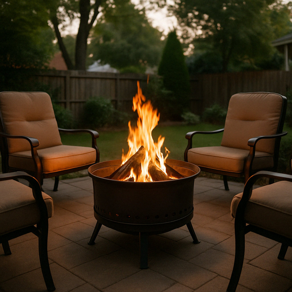 portable metal fire pit on patio with chairs around it - fire pit built in