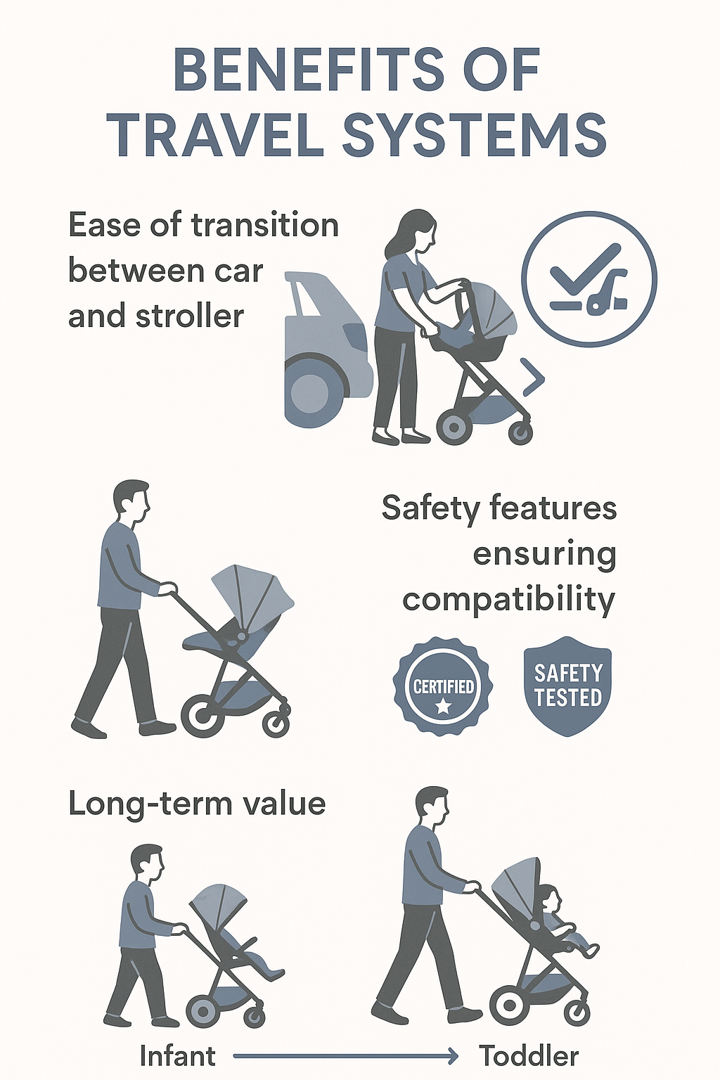 Benefits of travel systems showing ease of transition, safety features, and long-term value - infant car seats and stroller infographic 