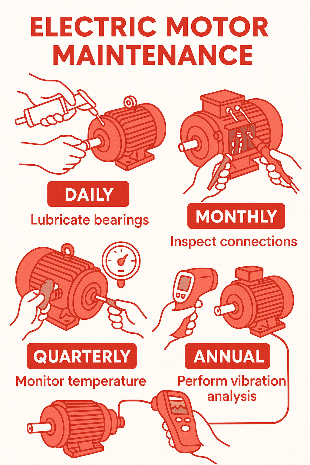 Comprehensive electric motor maintenance checklist showing daily, monthly, quarterly and annual tasks, with images of proper lubrication techniques, electrical connection inspection methods, temperature monitoring procedures, and vibration analysis processes - electric motor maintenance tips infographic