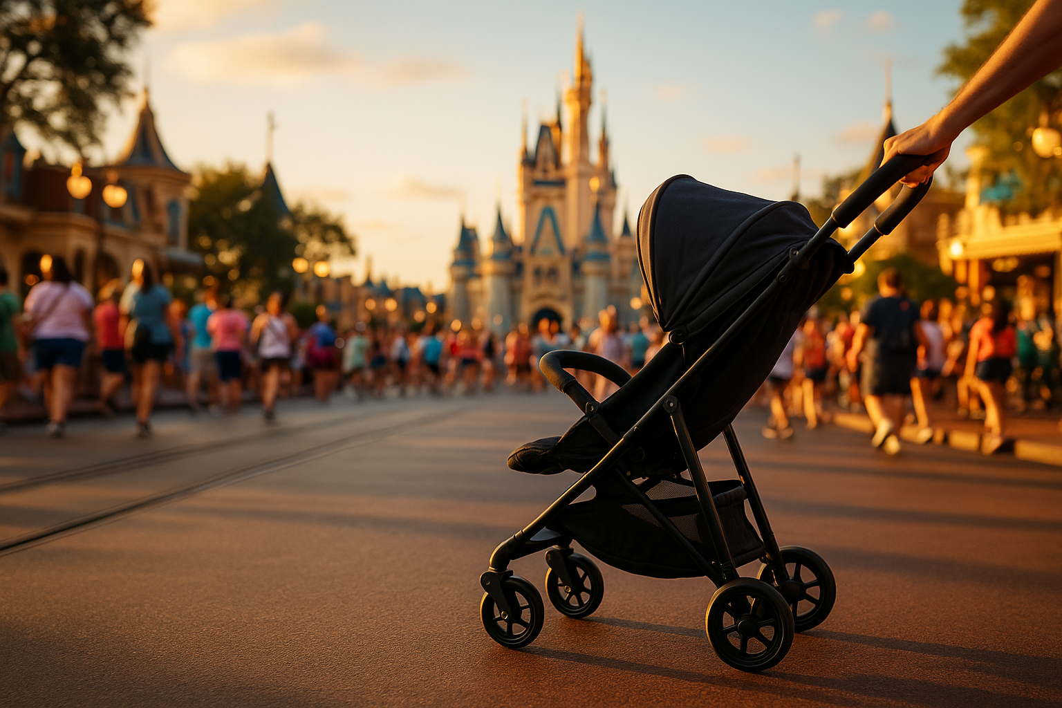 single stroller navigating Disney park - Best strollers for Disney