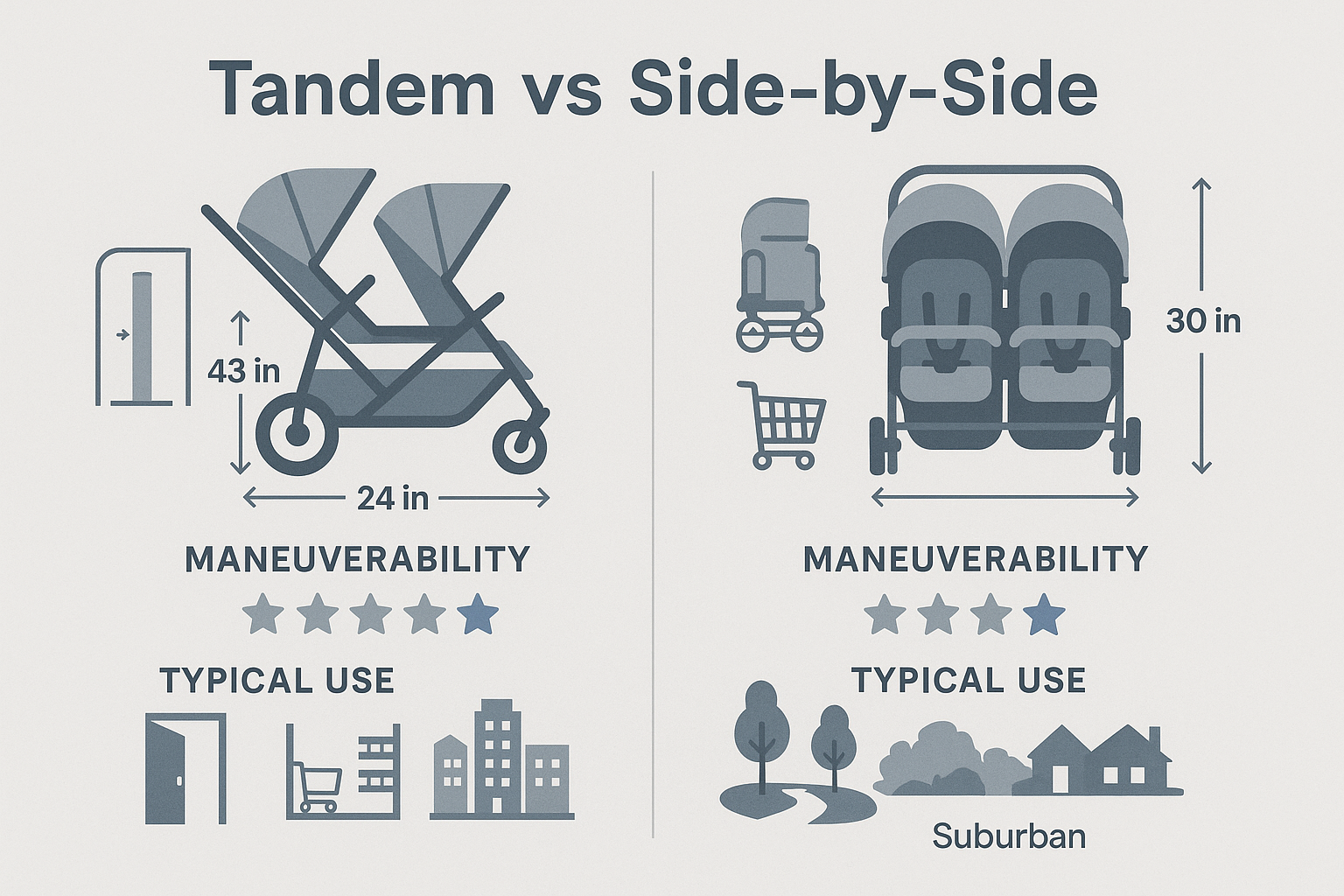 Comparison of tandem vs side-by-side twin pushchairs showing dimensions, maneuverability ratings, and typical use scenarios for urban vs suburban environments - tandem twin pushchair infographic 