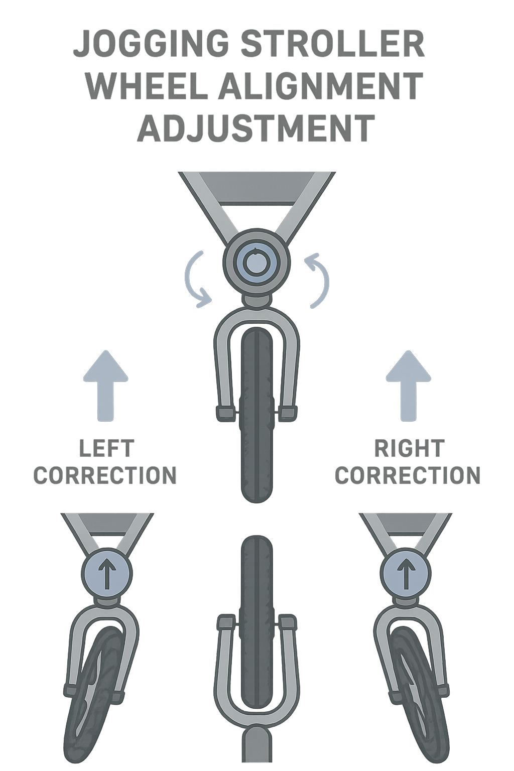 Jogging stroller wheel alignment adjustment guide showing front wheel tracking knob position and rotation direction for correcting left and right veering - jogging stroller wheel alignment infographic 
