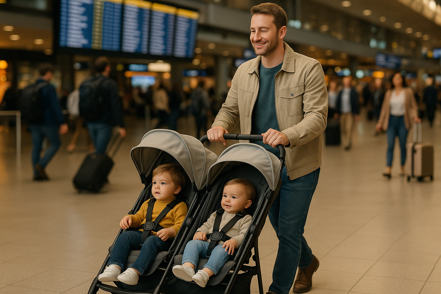 Parent using a lightweight double stroller at an airport - lightweight double stroller with car seat