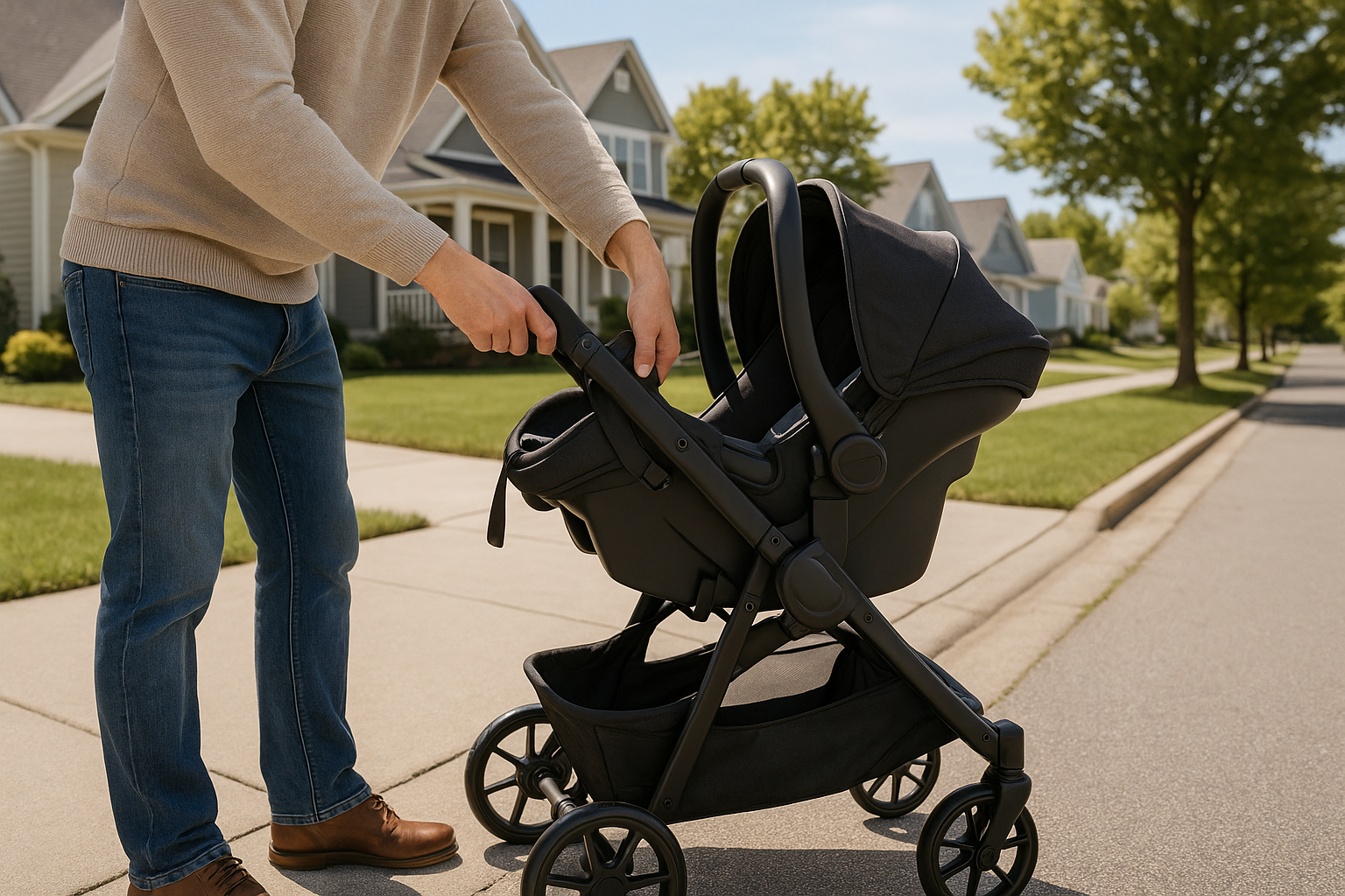 parent using one-hand folding feature on travel system stroller - travel system strollers on sale