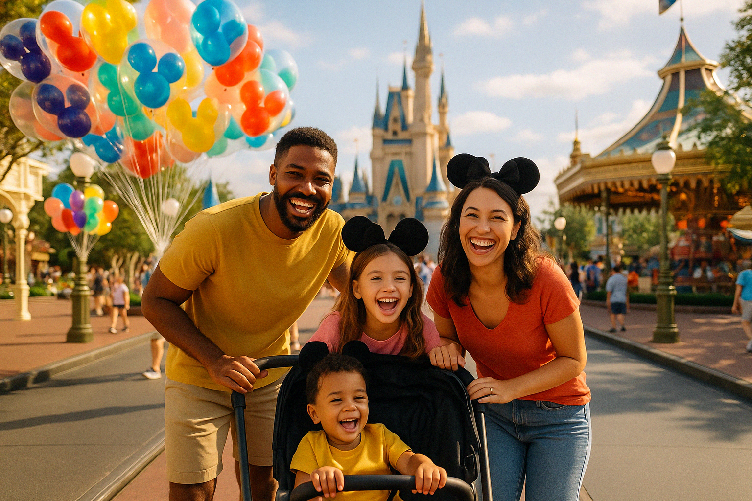 happy family with stroller at Disney park - Best strollers for Disney