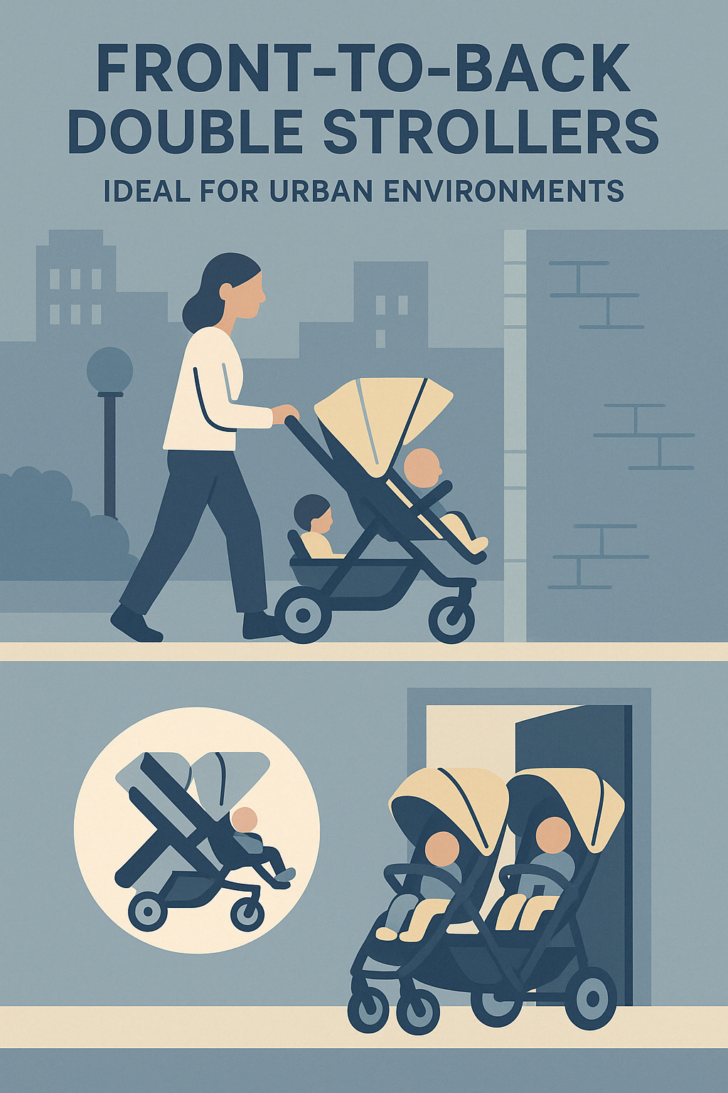 Quote: "Front-to-back double strollers are ideal for urban environments with narrow sidewalks and doorways." - best tandem double strollers infographic 