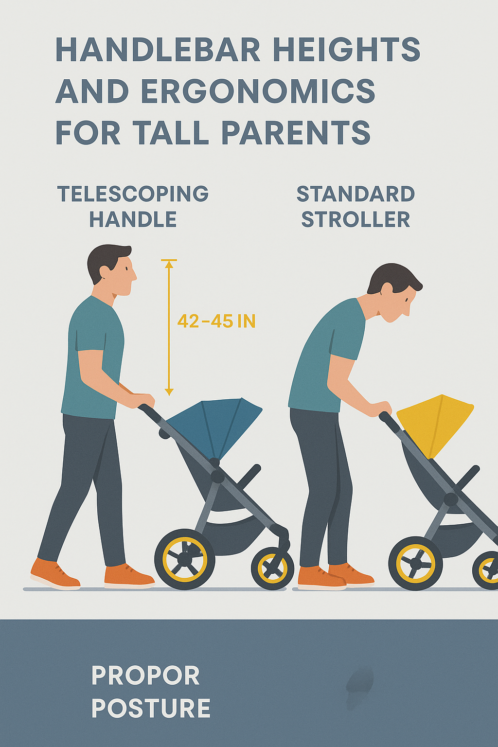 Comparison of handlebar heights and ergonomics for tall parents using lightweight jogging strollers, showing proper posture alignment with telescoping handles versus hunched position with standard strollers - lightweight jogging stroller for tall parents infographic 