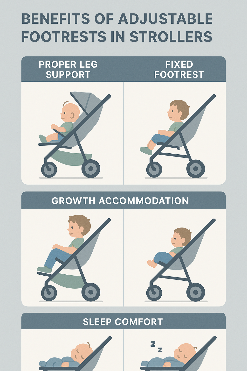 Benefits of adjustable footrests in strollers showing proper leg support, growth accommodation, and sleep comfort with comparison to fixed footrests - stroller with adjustable footrest infographic 