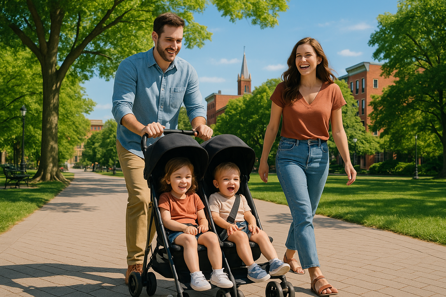 happy family using compact travel double stroller on vacation - compact travel double stroller