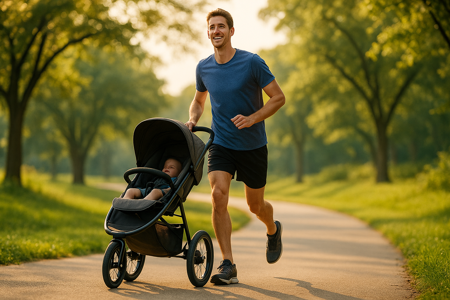 tall parent happily jogging with stroller - lightweight jogging stroller for tall parents