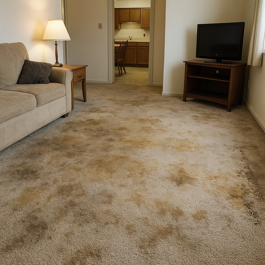 stained apartment carpet with pet damage - Apartment carpet cleaning service