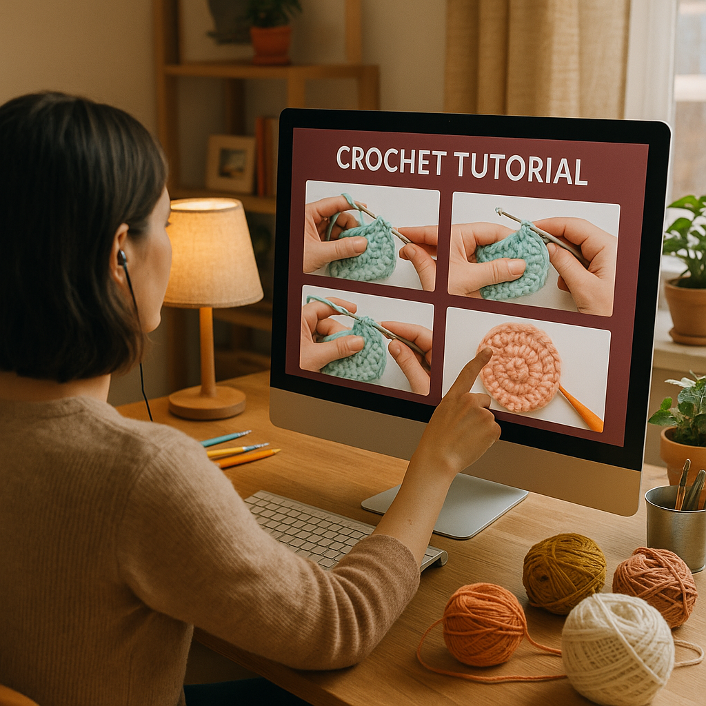 person selecting crochet video tutorial on computer - crochet video tutorials