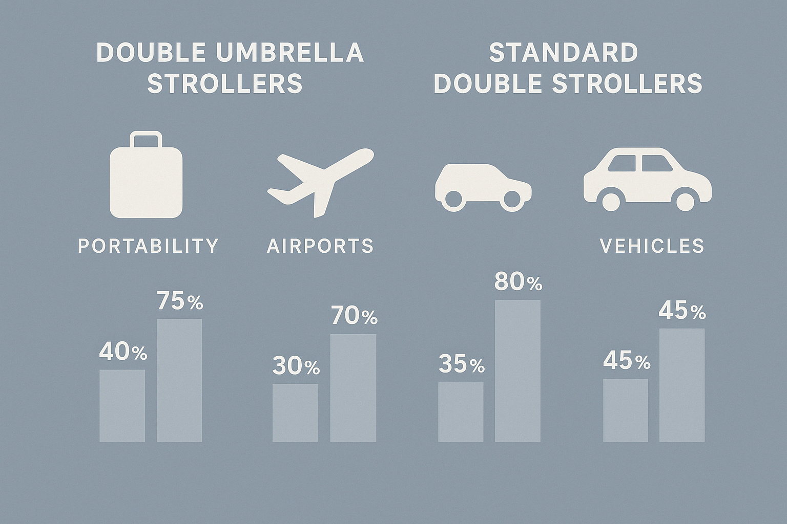 Statistical comparison of parent satisfaction with double umbrella strollers versus standard double strollers for travel, showing higher ratings for portability, ease of use at airports, and storage in vehicles - double umbrella stroller infographic 
