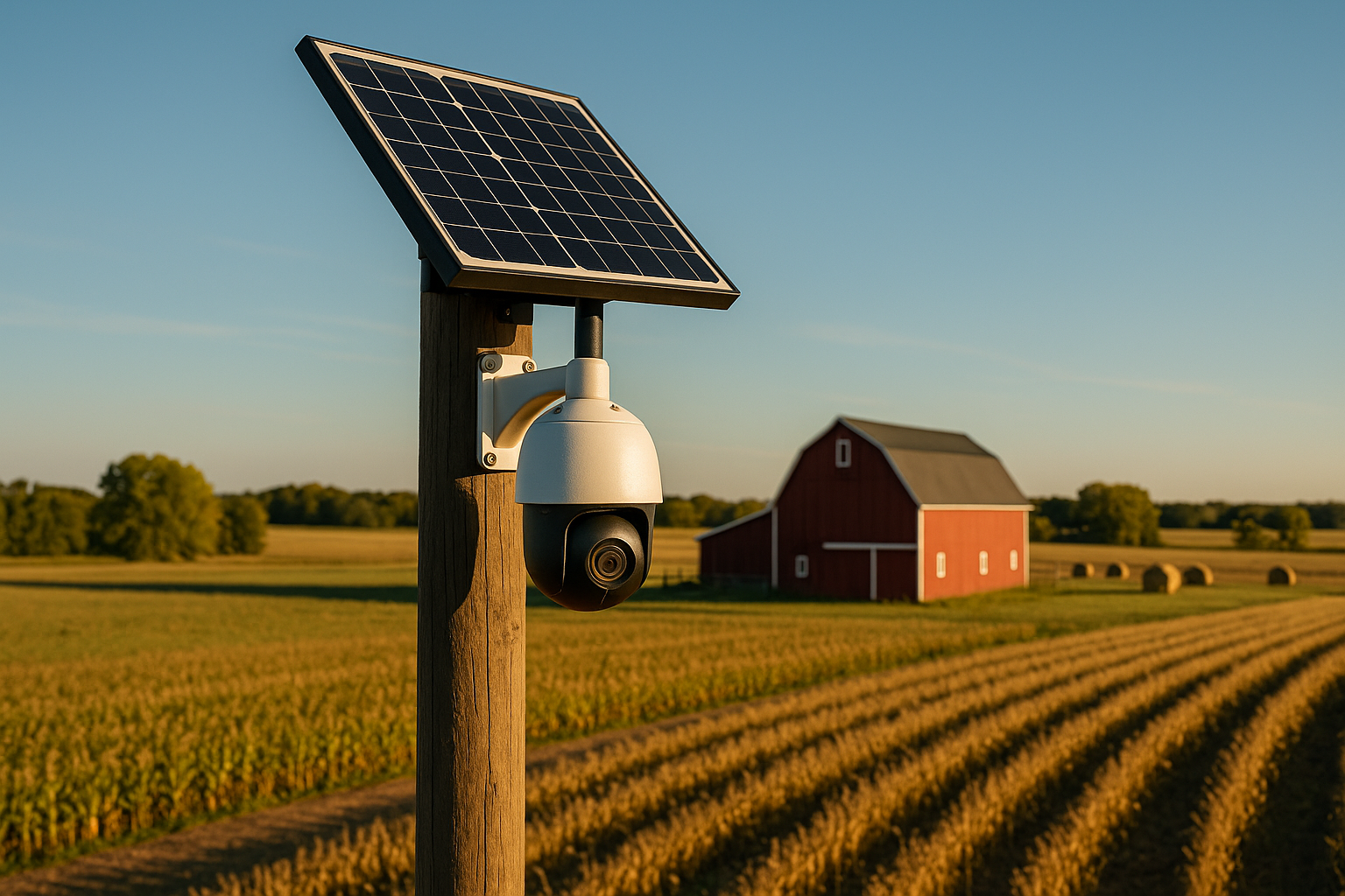 solar-powered farm cctv camera mounted on a post - farm cctv kits