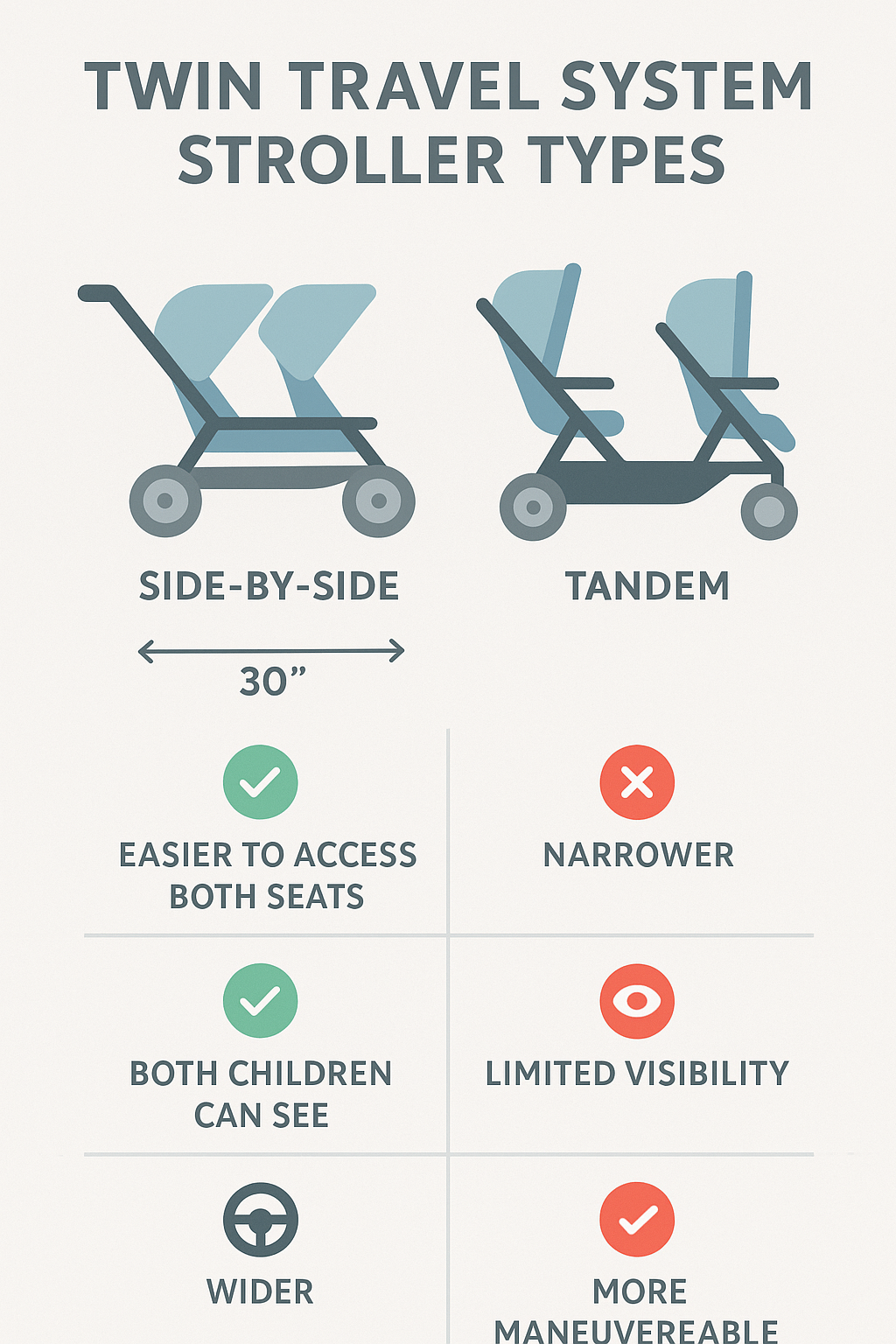 Comparison of twin travel system stroller types showing side-by-side vs tandem configurations with pros and cons of each, including width measurements, visibility factors, and maneuverability ratings - travel system strollers for twins infographic 