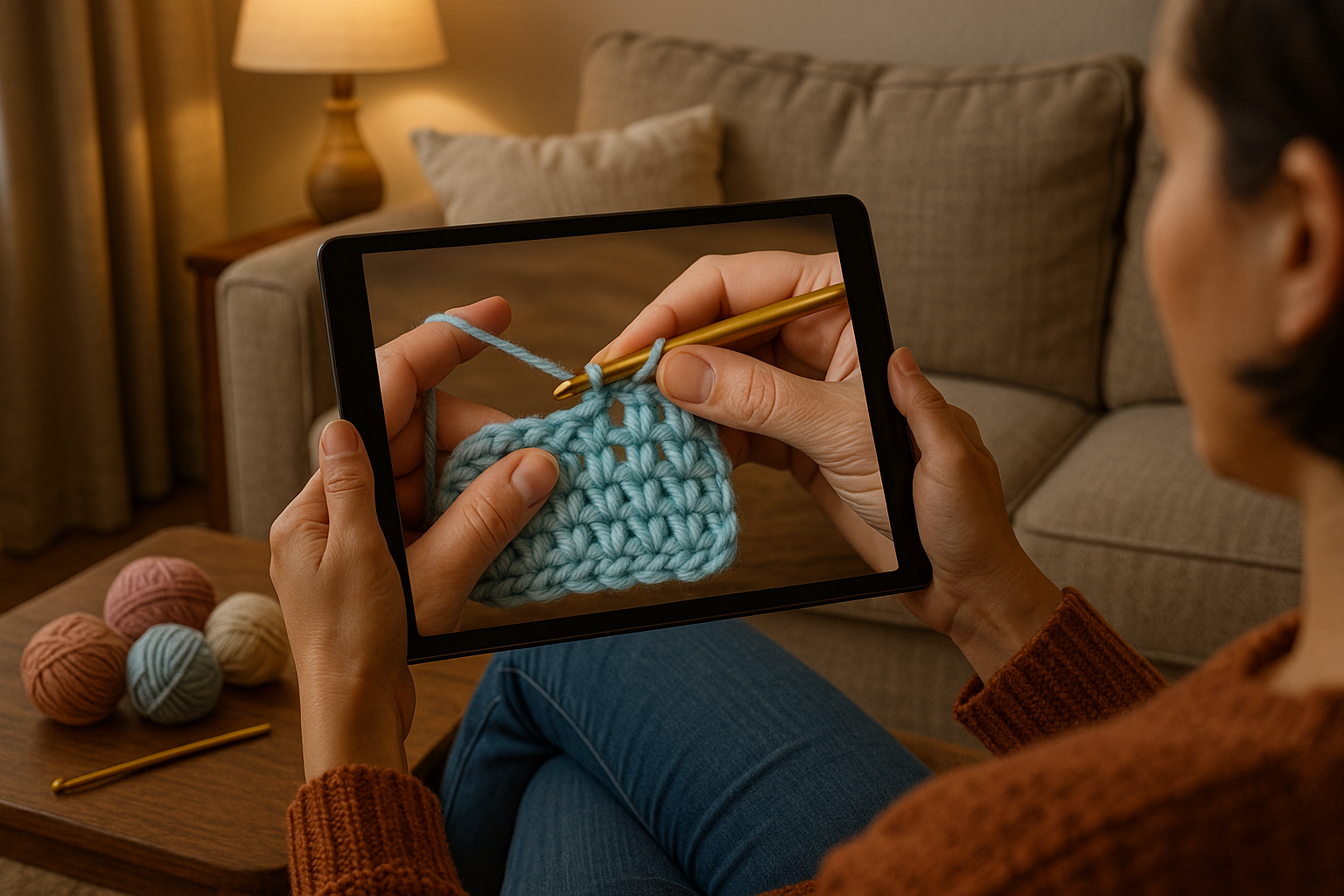 person watching crochet video tutorial on tablet - crochet video tutorials