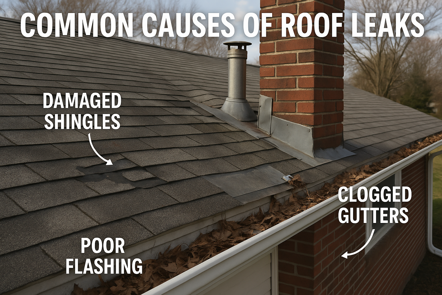 common causes of roof leaks including damaged shingles, poor flashing, and clogged gutters - roof leak repair near me
