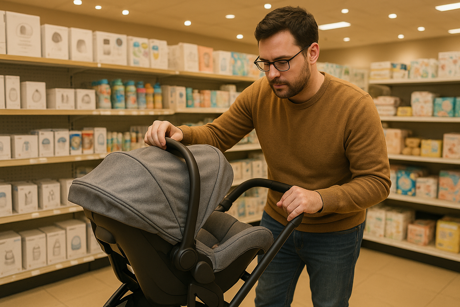 Parent testing out infant car seat stroller in store before purchase - infant car seat strollers