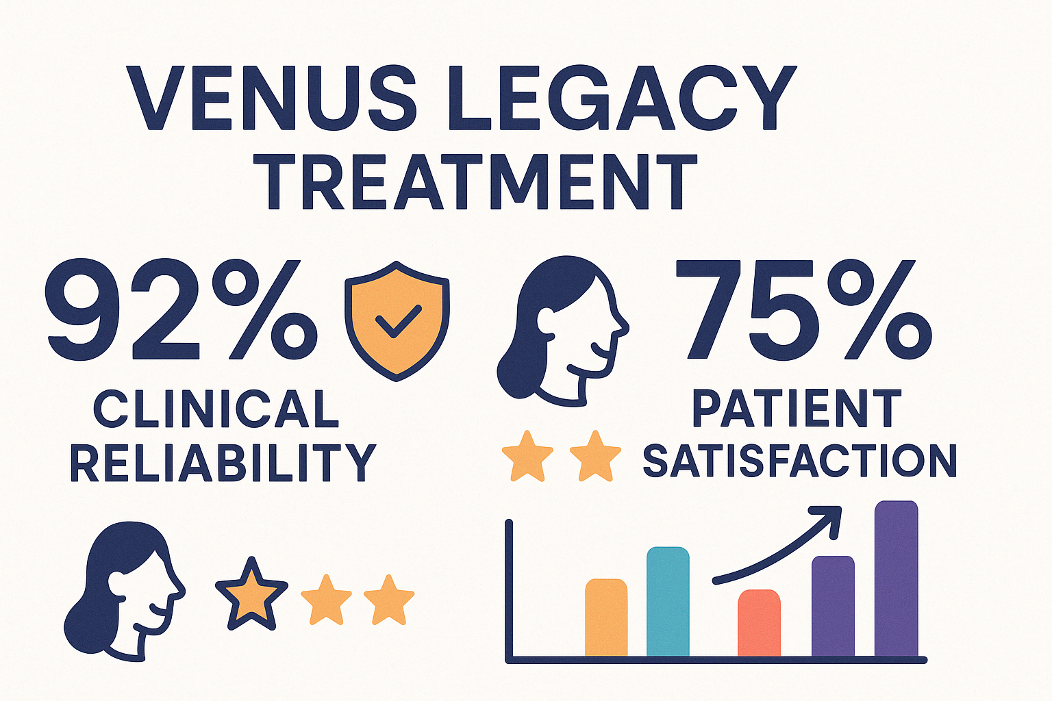 Venus Legacy treatment statistics showing 92% clinical reliability rating and 75% patient satisfaction - venus legacy fat reduction infographic 