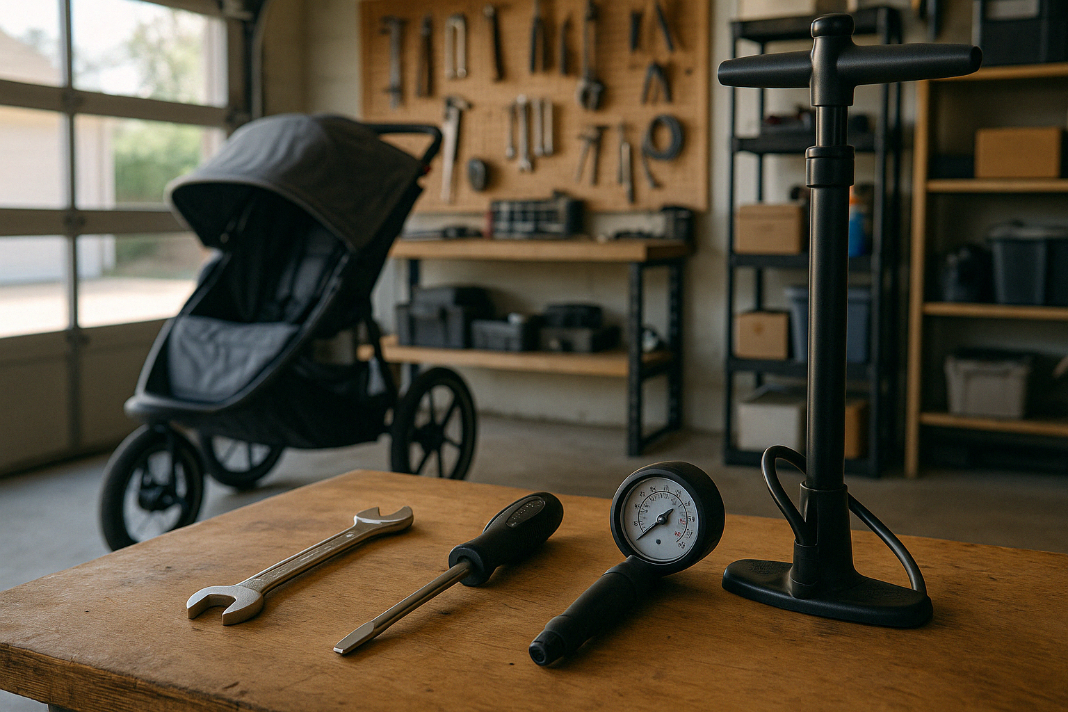 Tools needed for jogging stroller wheel alignment including wrench, screwdriver, tire pressure gauge - jogging stroller wheel alignment