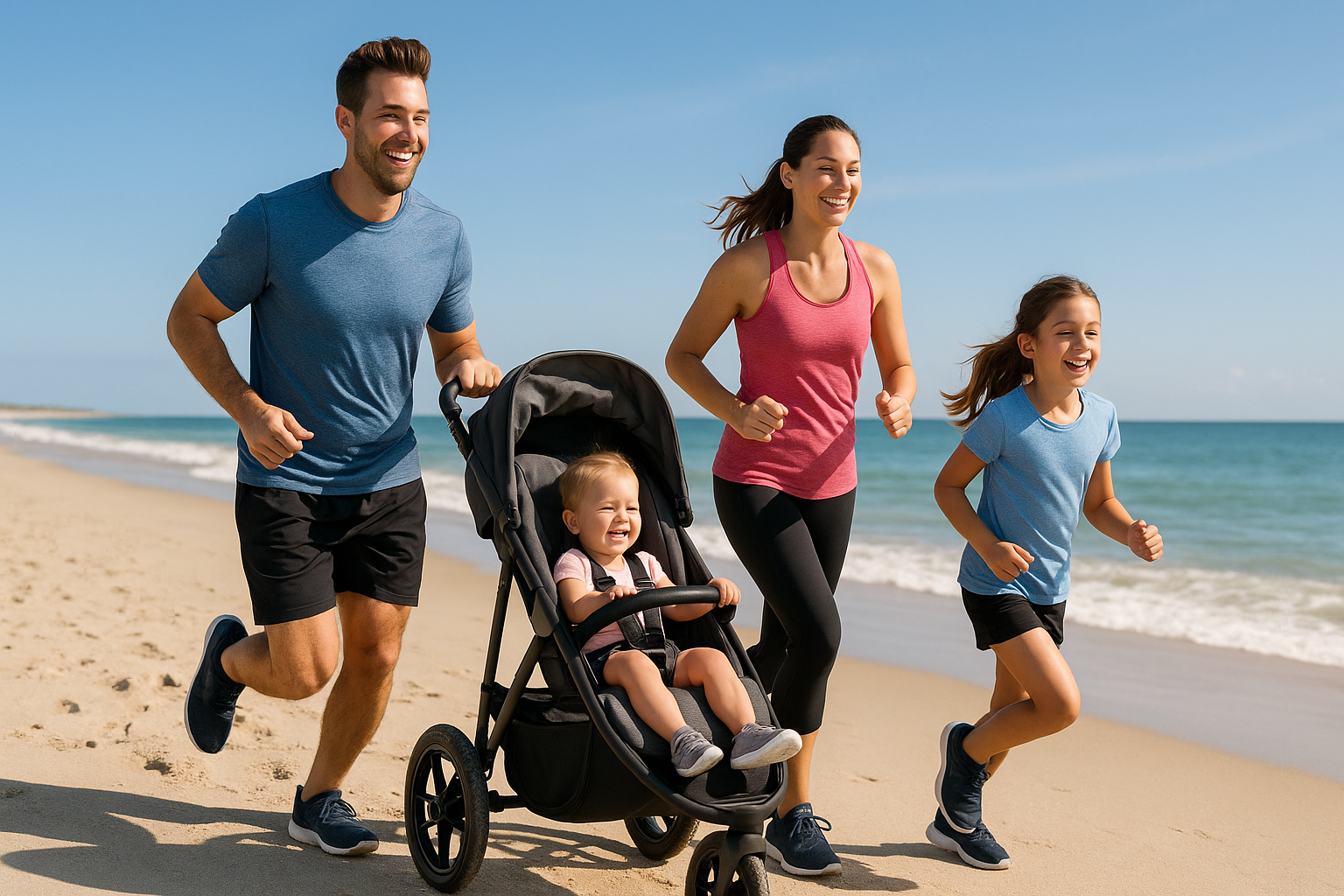 family running with lightweight stroller on beach - lightweight running stroller