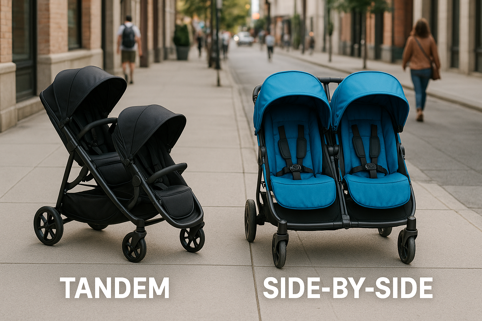 tandem and side by side strollers shown side by side for comparison - tandem vs side by side