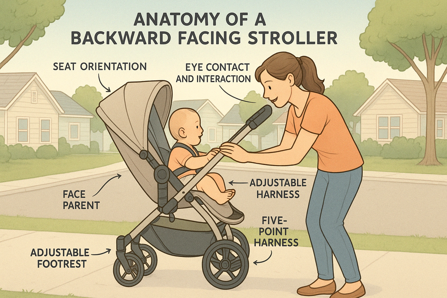 Backward facing stroller anatomy showing how the baby faces the parent - backward facing stroller