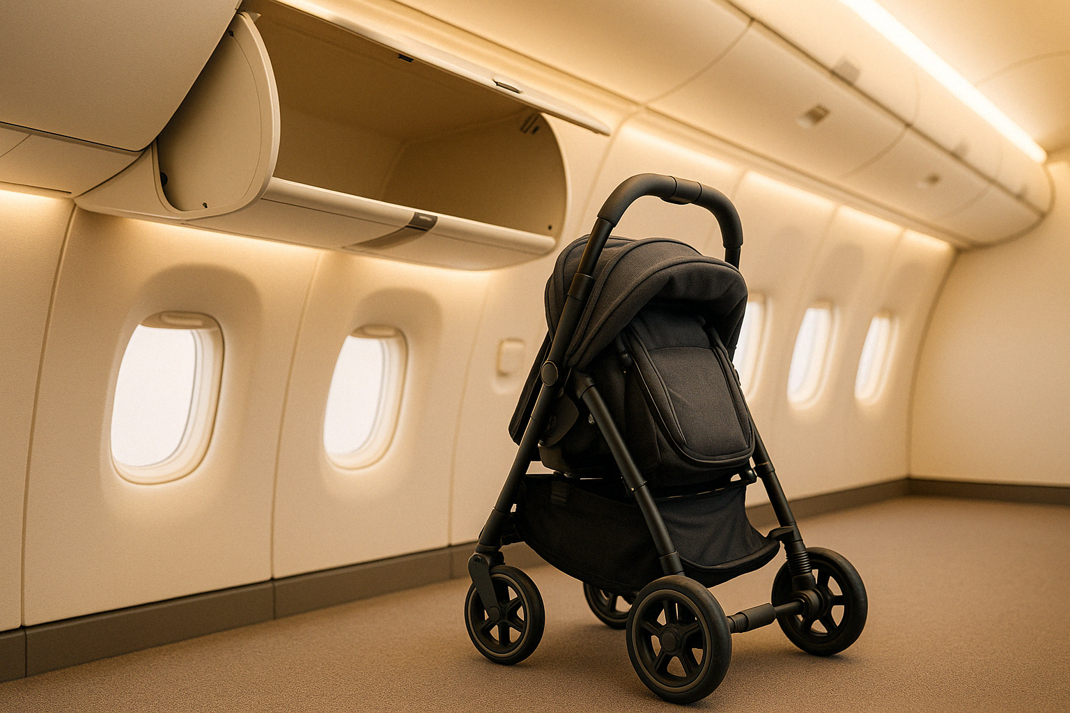 Compact folded stroller next to airline overhead bin - collapsible stroller for air travel