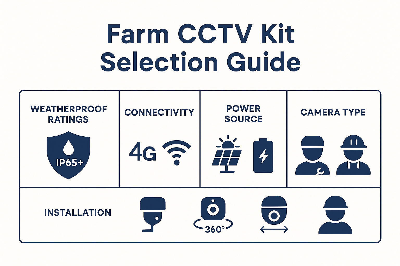 Farm CCTV Kit Selection Guide showing weatherproof ratings, connectivity options (4G vs WiFi), power sources (solar, battery, wired), camera types (static, 360°, PTZ), and installation methods (self-install vs professional) - farm cctv kits infographic 