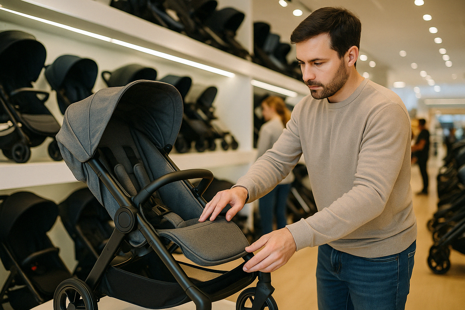Parent selecting a stroller in store, examining features - jogging stroller vs regular stroller