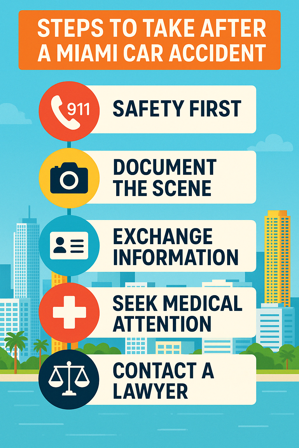 Steps to take after a Miami car accident including: 1. Ensure safety and call 911, 2. Document the scene with photos, 3. Exchange information with other drivers, 4. Seek immediate medical attention even for minor injuries, 5. Report the accident to your insurance company, 6. Contact a miami car accident injury lawyer before giving statements to insurers - miami car accident injury lawyer infographic 