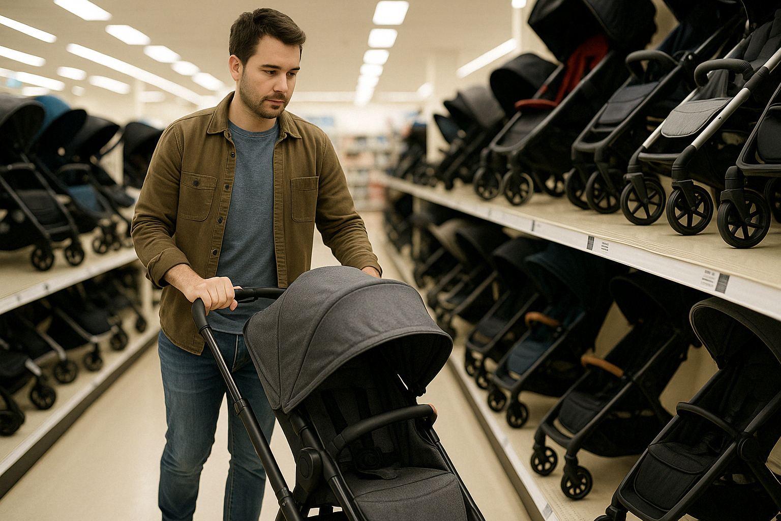 parent test-driving a stroller in store - stroller shopping guide
